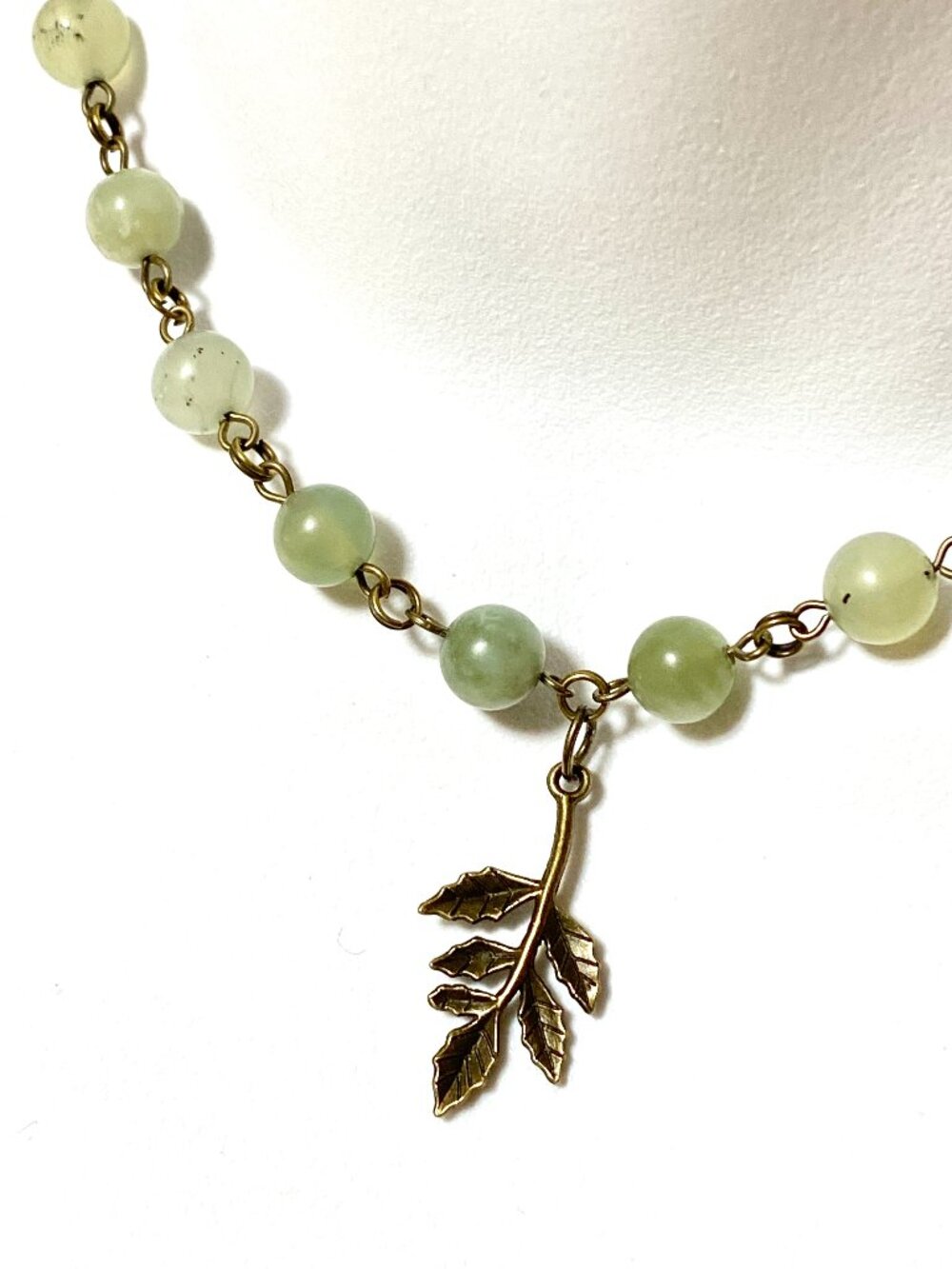 Mint Green Serpentine Short Necklace, Gemstone & Bronze Leaf Branch Pendant